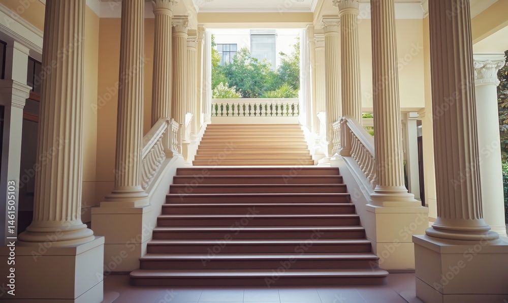 Elegant staircase with classical columns leading to bright outdoor space Elegant staircase with classical columns leading to bright outdoor space