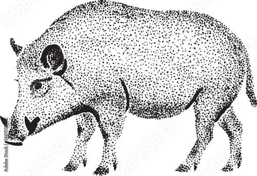 A black and white depicts a large spotted animal standing upright.
