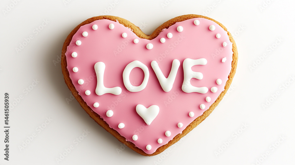Pink heart-shaped cookies with 'love' icing and heart decorations Pink heart-shaped cookies with 'love' icing and heart decorations