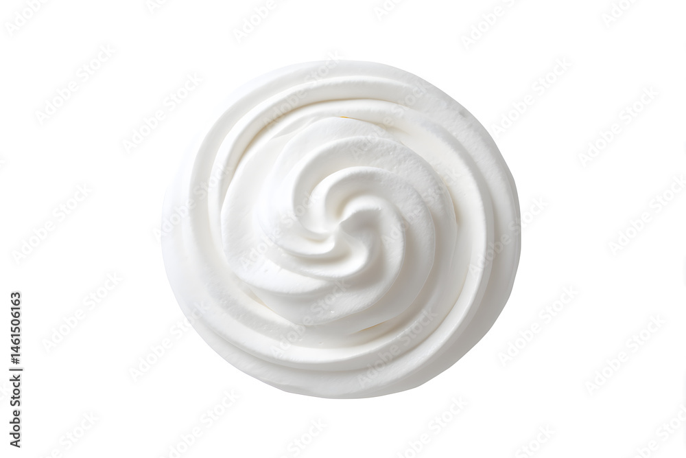 Top view whipped cream or meringue on white background. Meringue swirl, realistic bakery mousse Top view whipped cream or meringue on white background. Meringue swirl, realistic bakery mousse