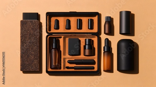Brown and Black Cosmetic Kit on Beige Marble Background