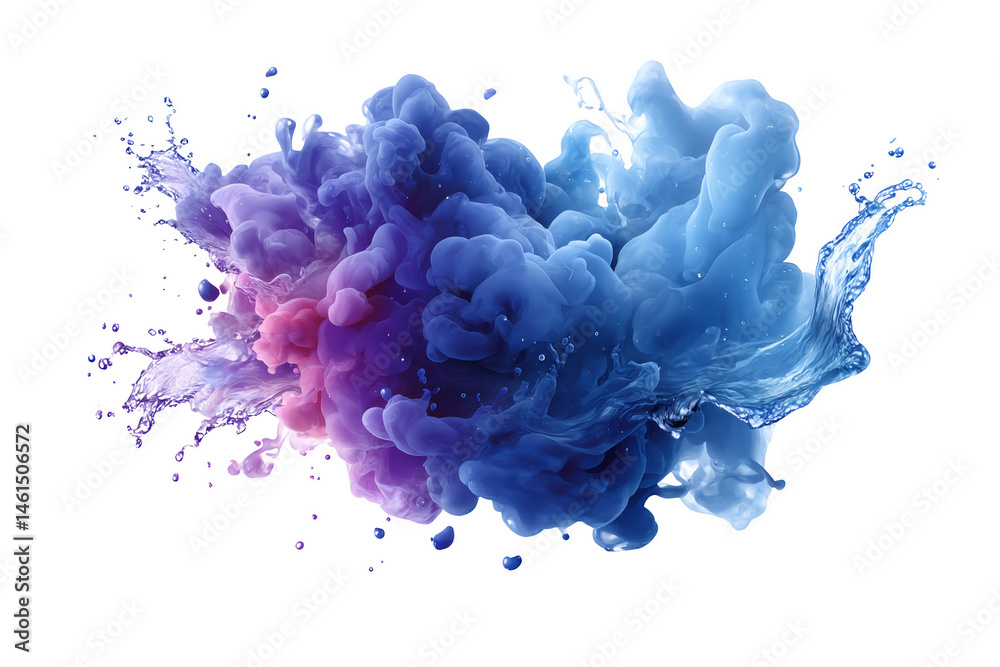 Fototapeta premium Colorful ink splash in shades of blue and purple with flowing water-like elements. Png, Transparent background.