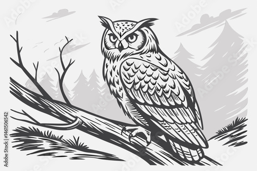 1 Realistic owl sketch, detailed feathers, perched on branch, black and white drawing, graphite pencil art, textured paper background, sharp eyes, tufted ears, wise expression, wildlife illustration, 