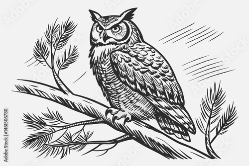 1 Realistic owl sketch, detailed feathers, perched on branch, black and white drawing, graphite pencil art, textured paper background, sharp eyes, tufted ears, wise expression, wildlife illustration, 