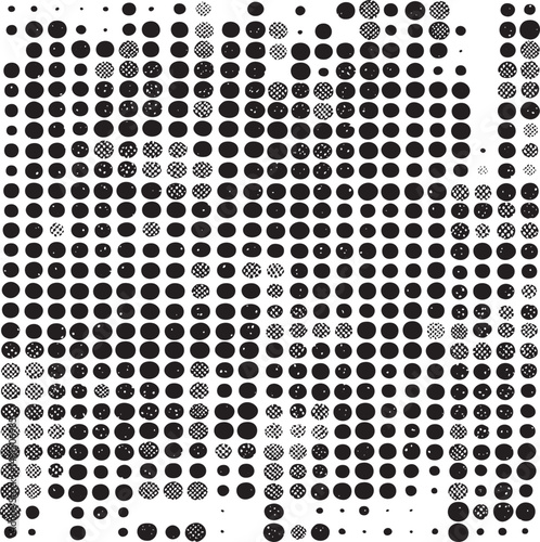 A densely patterned composition of numerous black and white circles forms a stylized abstract shape.