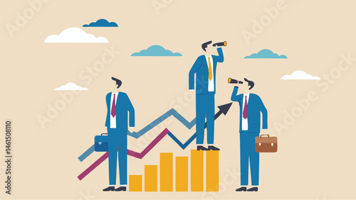 Illustrated business growth concept featuring men on rising graph with spyglasses and briefcases in beige tone