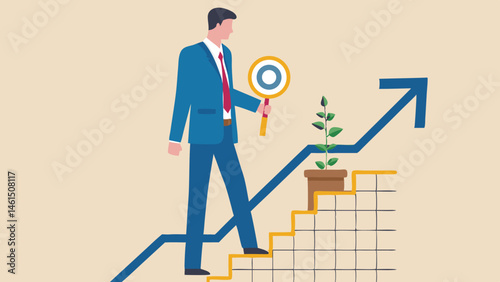 A man in a suit holds a magnifying glass while walking up a growth chart with a plant on the steps
