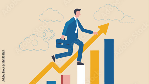 A businessman running up an arrow on a graph with bar charts and cloud shapes in the background illustration