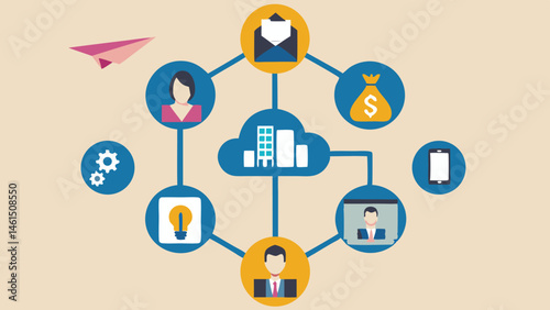 A network diagram illustrating cloud connectivity with icons of people, money, and a paper airplane flying