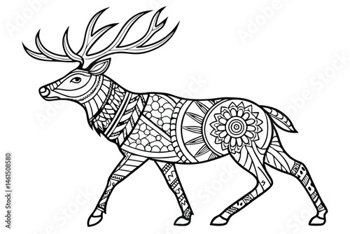 2 Intricate deer illustration, black and white, zentangle style, ornate patterns, mandala designs, detailed antlers, symmetrical geometric shapes, tribal art, line drawing, decorative animal motif, st