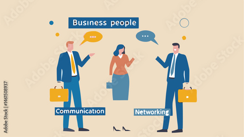 Illustration of business people networking and communicating with speech bubbles and briefcases on beige