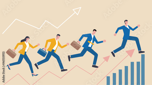 Illustration of business people running up a rising graph with briefcases on a light beige background art