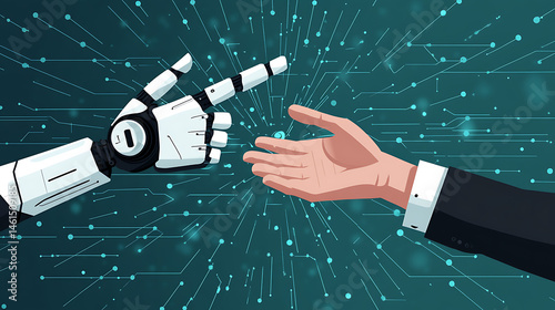 Robotic and human hands touching. Cyborg pointer