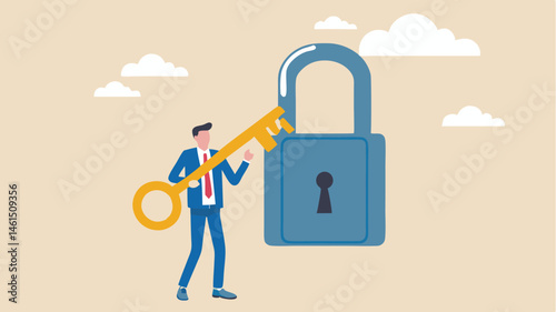 A man in a suit holding a large key near a giant blue padlock against a beige background with clouds