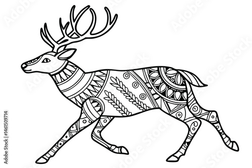 2 Intricate deer illustration, black and white, zentangle style, ornate patterns, mandala designs, detailed antlers, symmetrical geometric shapes, tribal art, line drawing, decorative animal motif, st