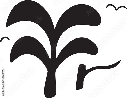 A stylized black palm tree silhouette stands against a white background.
