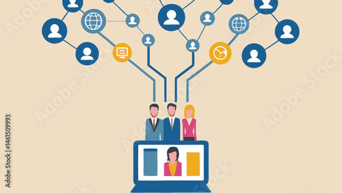 Illustration of people connected through a network emanating from a laptop screen with video calls