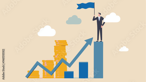 A man in a suit stands atop a bar graph holding a flag with an arrow pointing upwards and gold coins nearby