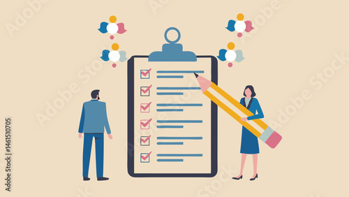 Illustration of business people with checklist and pencil representing teamwork and project management