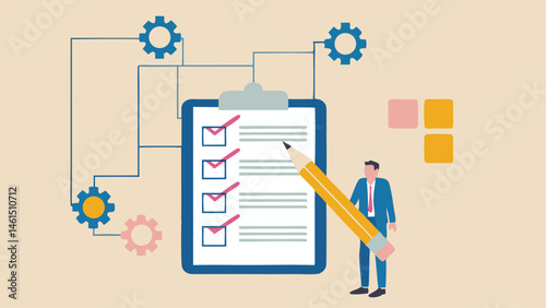 A clipboard with checkmarks and a pencil next to a man with gears and sticky notes on a light background