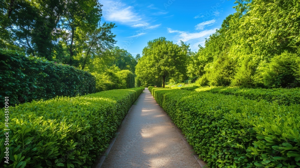 Lush Green Pathway Surrounded by Vibrant Hedges in a Serene Garden Lush Green Pathway Surrounded by Vibrant Hedges in a Serene Garden