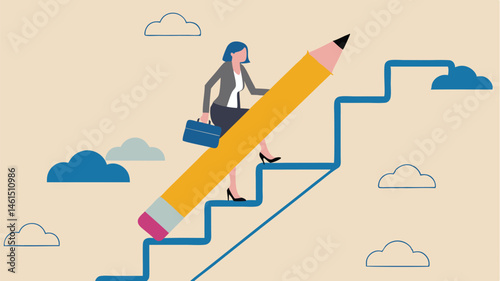 A woman in business attire climbs a staircase using a large pencil as support and assistance upward climb