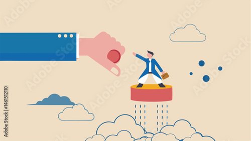 Illustration of a businessman standing on a red platform being assisted by a giant hand in the sky