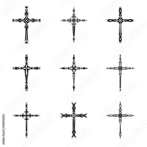 Christian cross vector icon symbols.  Abstract christian religious belief or faith art illustration for orthodox or catholic design. The symbol of the cross in various designs used in tattoo.
