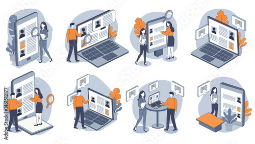 Isometric Online Profile Search Vector Illustration Set