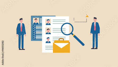 Men standing beside job application with magnifying glass and briefcase on a light background color