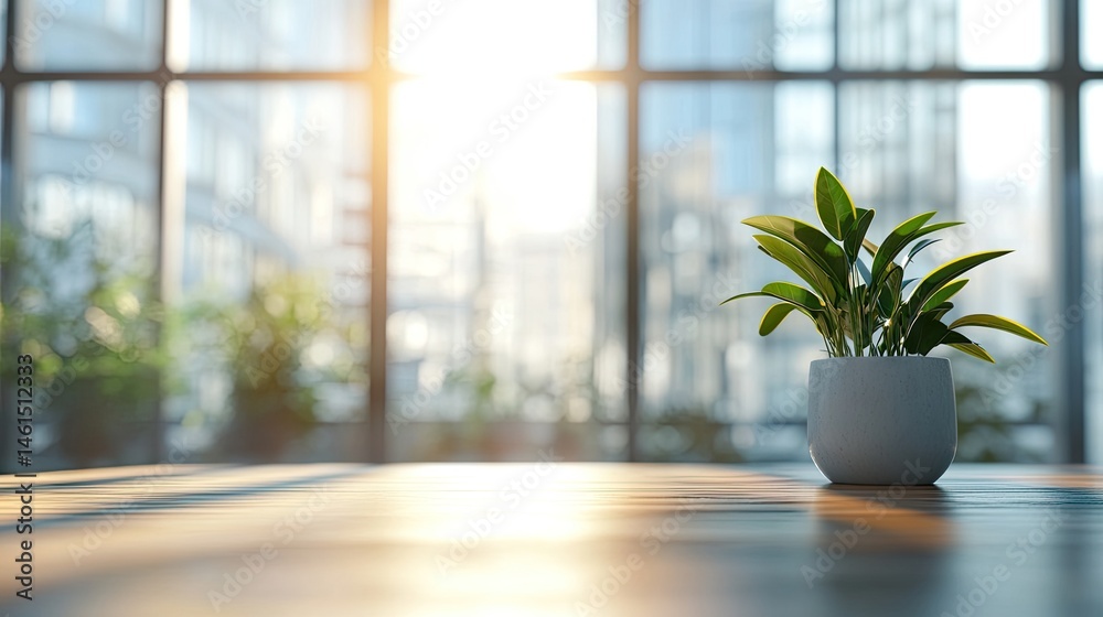 Fototapeta premium A beautifully lit wooden table in a modern office with a panoramic view of a city skyline at sunset. creating a warm and inviting atmosphere for meetings or gatherings
