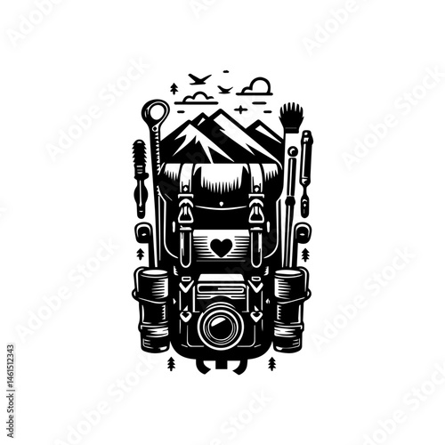Simple black and white vector graphic of a fully loaded hiking backpack with a mountain icon, designed for outdoor adventures