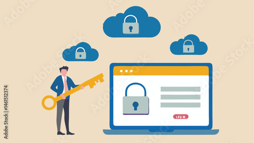 A man holding a key securing cloud data with a padlock and password interface connected by lines and clouds