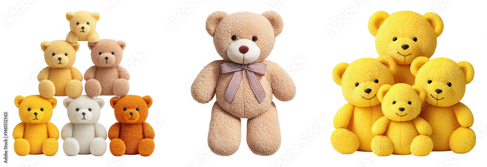 Fototapeta premium Soft teddy bear with bow tie and group of colorful plush toy bears on transparency background