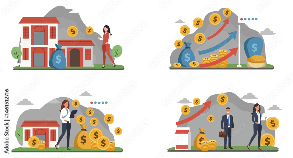Obraz premium Real Estate Investment and Financial Growth Vector Illustration Set