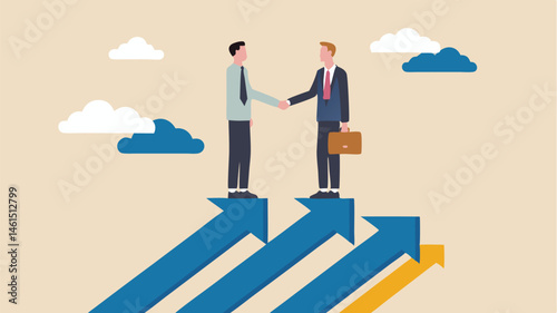 Two businessmen shaking hands atop upward pointing arrows representing business growth and collaboration success