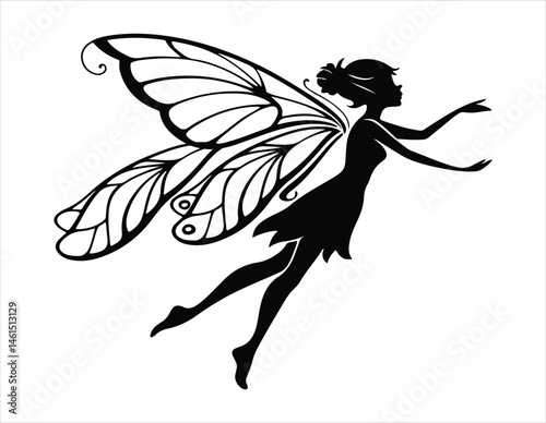 Little fairy in flying mood silhouette in white background vector with long wing