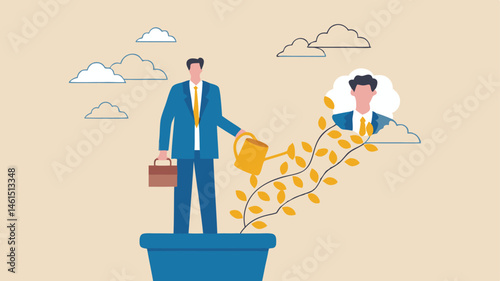 A man in a suit watering a plant with golden leaves while dreaming of another man in a thought bubble