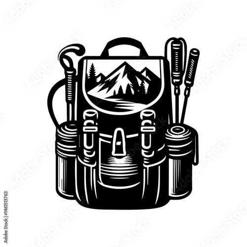 Monochrome vector artwork of a hiking backpack with mountain patch, fully equipped for an outdoor adventure trip
