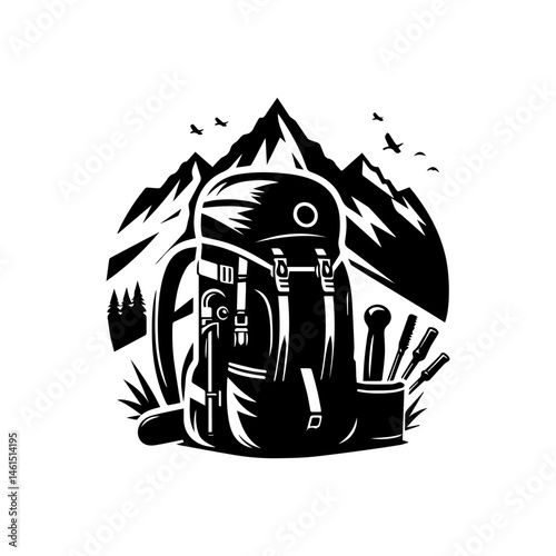 Detailed black and white illustration of a fully packed hiking backpack with mountain emblem showcasing outdoor adventure concept