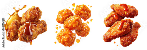 Fried chicken wings and boneless pieces with sauce splashes, crispy and saucy snack