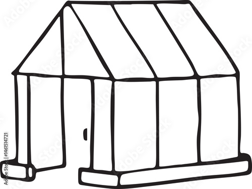 A simple white shed stands against a pale background.