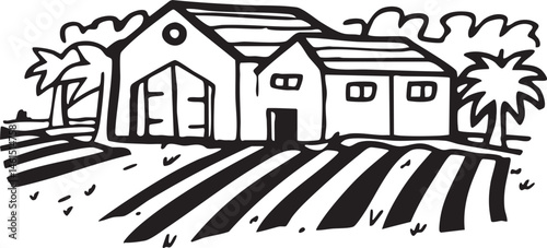 A simple farmhouse sits nestled within a vibrant striped field beneath a sunny sky.
