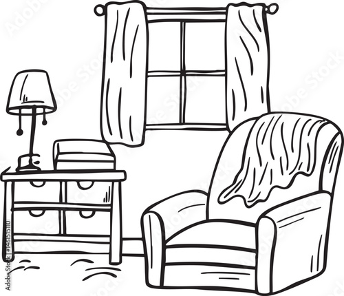 A black and white sketch depicts a cozy armchair with a blanket a bedside table and a lamp.