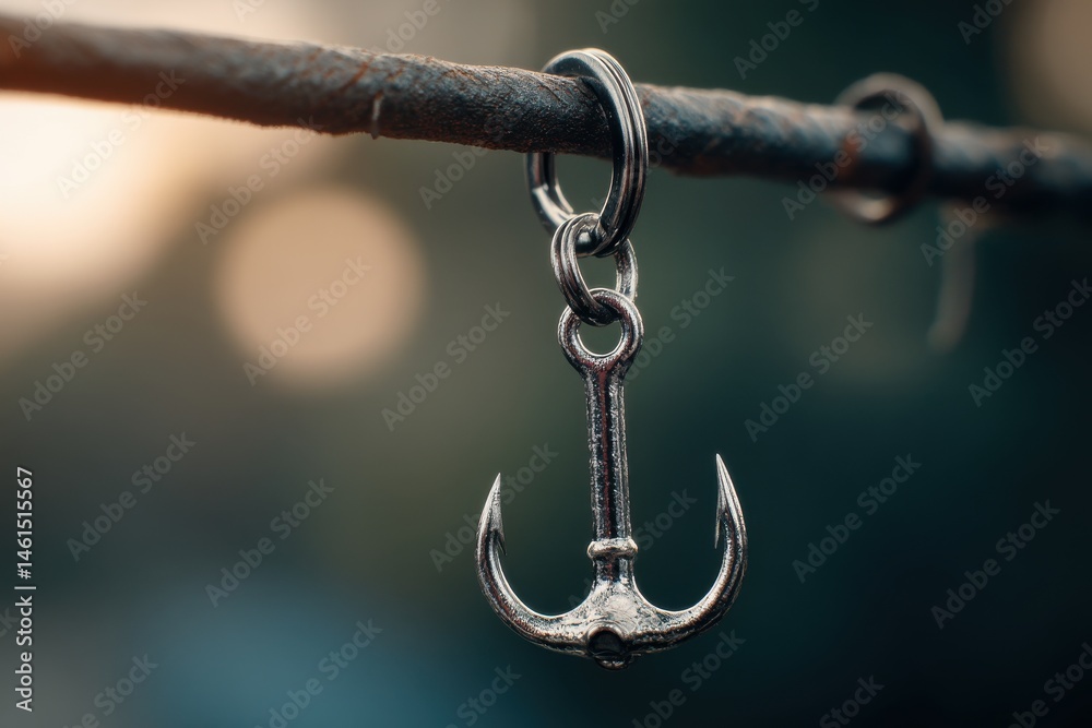 Obraz premium A detailed close-up of a silver fishing hook hanging from a weathered, rusty metal bar showcasing the intricate design and the harshness of outdoor life.
