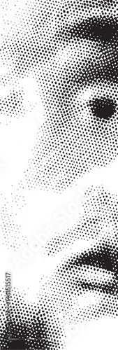 A close-up portrait of a person's face utilizes a pointillism technique.
