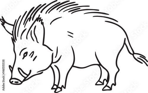 A black and white sketch portrays a standing wild boar in profile.