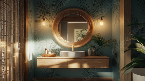 Tranquil sunlit bathroom with wooden vanity