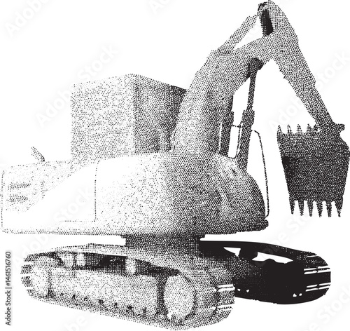 A large excavator arm operates a digging attachment on a stationary construction machine.