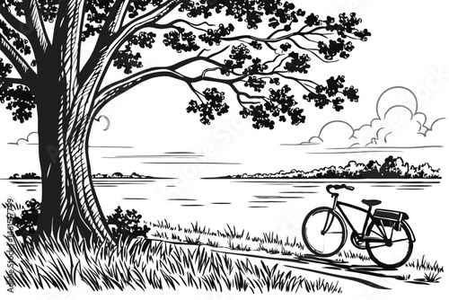 10 black and white illustration, detailed line art, serene lakeside scene, large tree with textured bark, bicycle leaning against tree, calm water surface, distant shoreline, wispy clouds, grassy fore